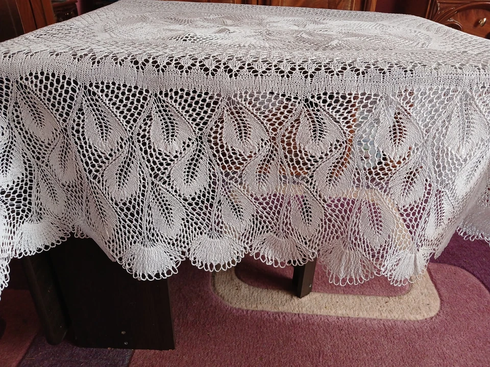 Hand Knitted Tablecloth 91″ Cotton Handmade Lace Doily - Image 3 of 4