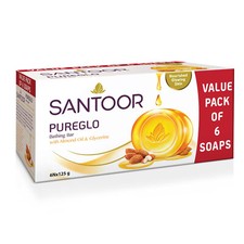 6X Santoor PureGlo Glycerine Bathing Bar Soap with Almond Oil -125g -Free Ship