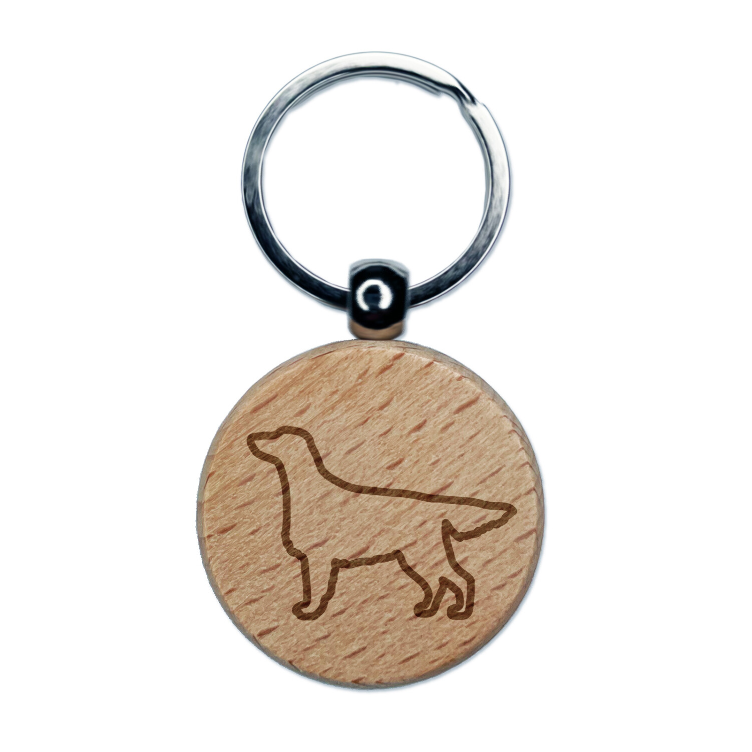 Flat-Coated Retriever Dog Outline Engraved Wood Round Keychain Tag Charm