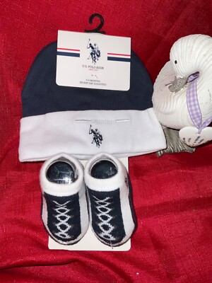 U.S POLO ASSN BABY KLEINKIND STIEFEL GESCHENKSET MARINEBLAU WEISS MÜTZE STIEFEL NEU 0-6 MONATE