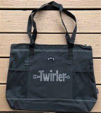 TWIRLER TOTE BAG BLACK FABRIC HANDLES DRINK HOLDERS ZIPPER 18" X 14" RHINESTONES