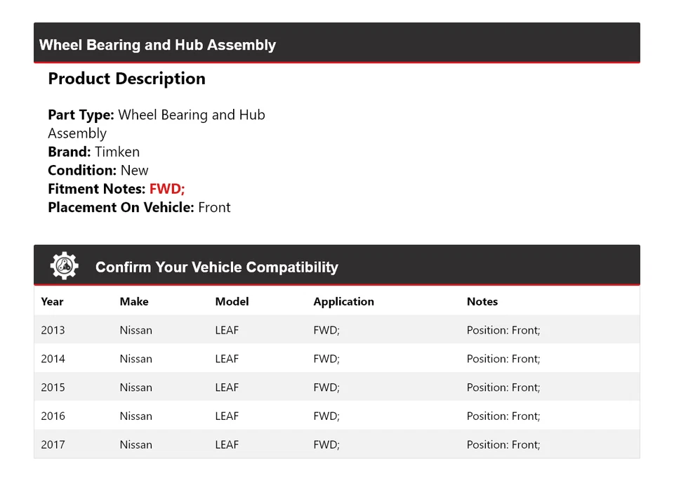 Conjunto de cojinete de rueda y buje delantero Timken 2014 para Nissan LEAF 2013-2017 tracción delantera Foto 2 de 4