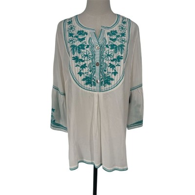 NWT John Mark Women's XL White Embroidered Floral V-Neck Blouse Tunic Top