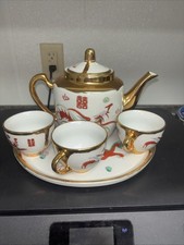Vintage Chinese Porcelain Tea Set  TRAY TEA POT, 4 Cups Dragons  Phoenix