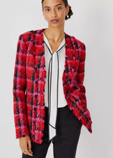NEW ANN TAYLOR PINK MULTI HOUNDSTOOTH TWEED LONG CARDIGAN JACKET SZ 2
