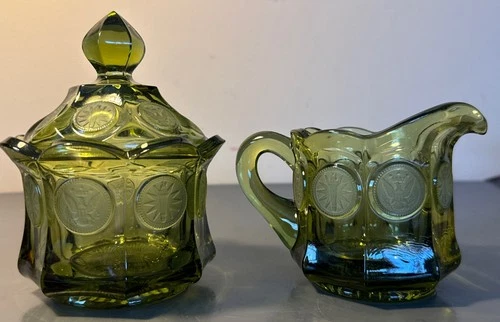 Fostoria Coin Glass Olive Green Creamer 3 5/8" Thick Glass Plus Sugar Bowl, Lid