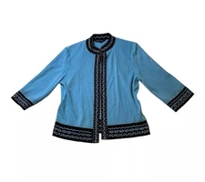 Ming Wang Womens Knit Open Front 3/4 Sleeve Blazer  Cardigan Blue Size PM