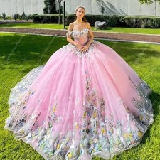 Princess Pink Quinceanera Dress Ball Gown 3D Flowers Off Shoulder Sweet 16Dress