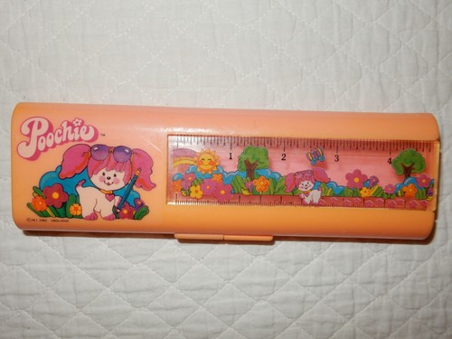 Poochie Dog Vintage 1980s Pink Plastic Pencil Pen Holder Case with Ruler