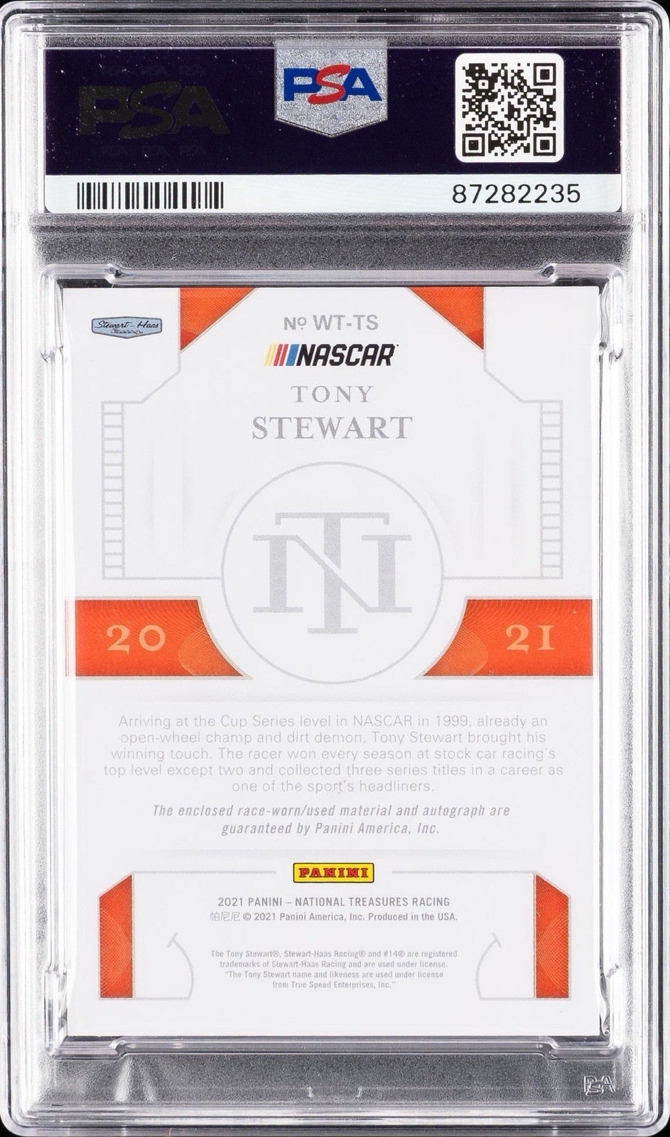 2021 National Treasures Tony Stewart Winning Touch Patch Holo Auto #1/1 PSA 9 view 2