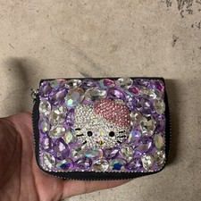 Hello Kitty Beaded Zip-Around Card Wallet Purple Silver Pink Women's Cartoon