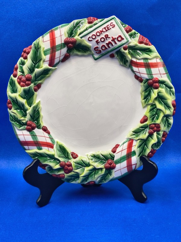 Fitz & Floyd Essentials Cookies For Santa Ceramic Plate Plaid & Holly Berries