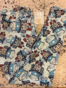 LuLaRoe Tall/Curvy Leggings Independence Day Uncle Sam heads light blue backing