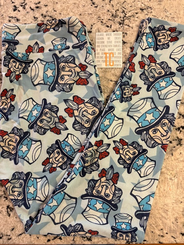 LuLaRoe Tall/Curvy Leggings Independence Day Uncle Sam heads light blue backing