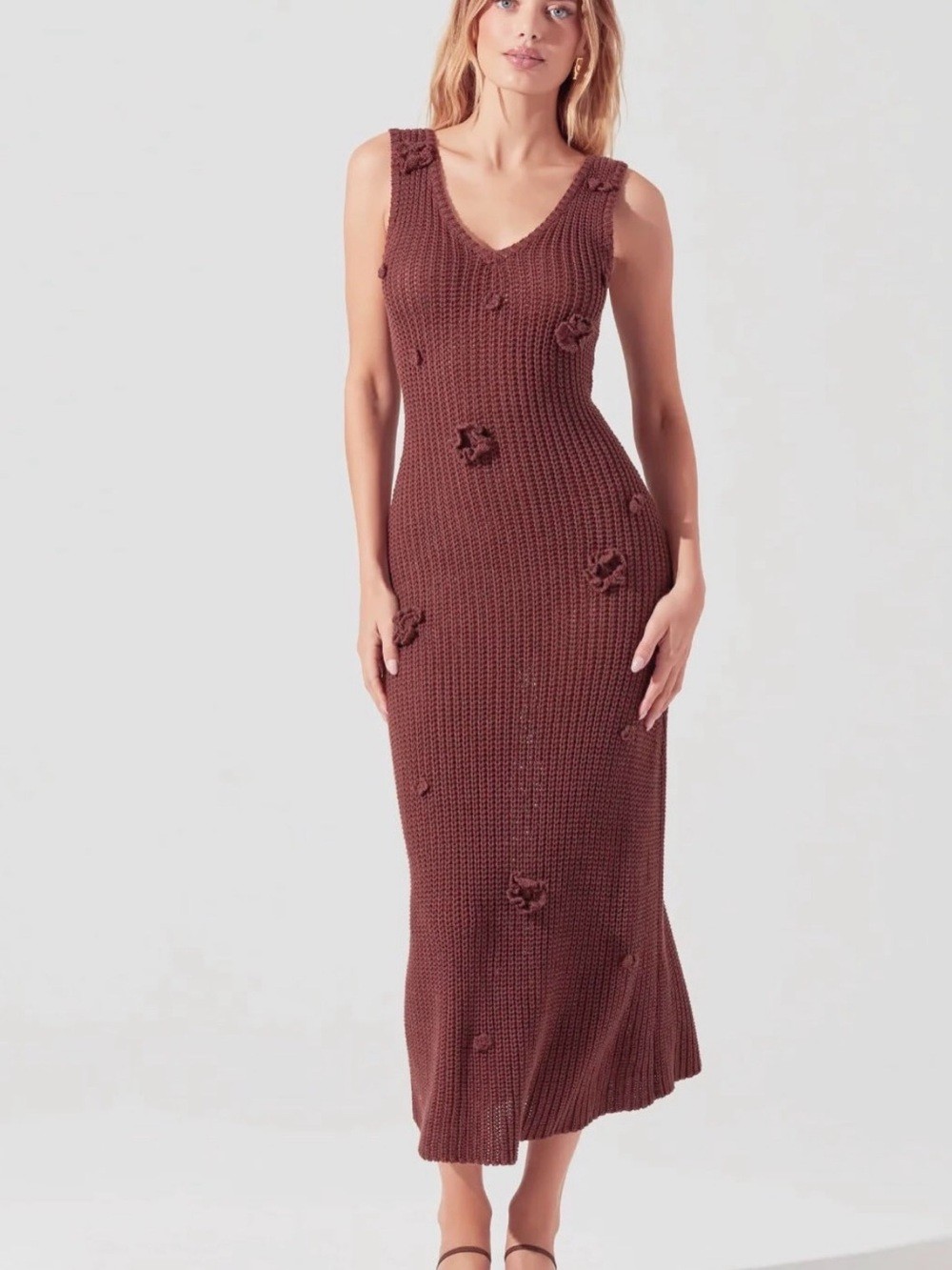 ASTR Chocolate Brown Crochet Ainhoa Maxi Dress