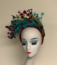 Ascot Royal Fascinator KY Derby Maroon Teal Feathers, Gold Leaves Headband