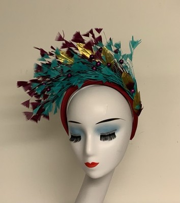 Ascot Royal Fascinator KY Derby Maroon Teal Feathers, Gold Leaves Headband
