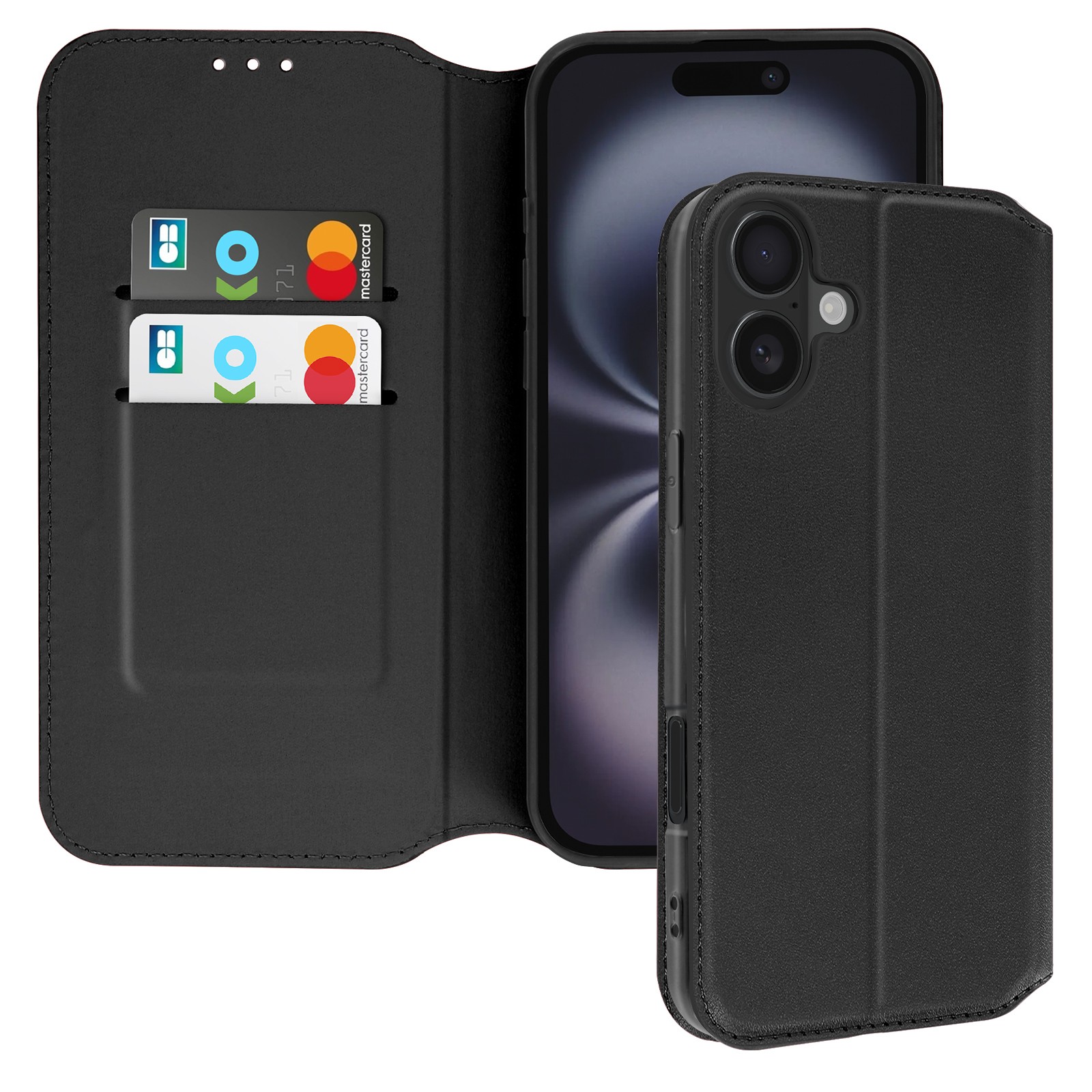 Coque pour iPhone 16 Avizar avec clapet porte-carte et support vidéo en cuir noir