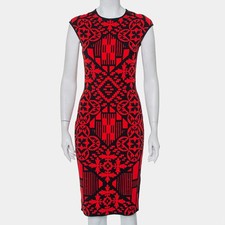Alexander McQueen Red Black Jacquard Knit Sheath Dress M