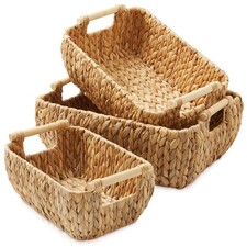 Set of 3 Oval Storage Baskets with Wood Handles - Wicker Bins - Natural Hyacinth