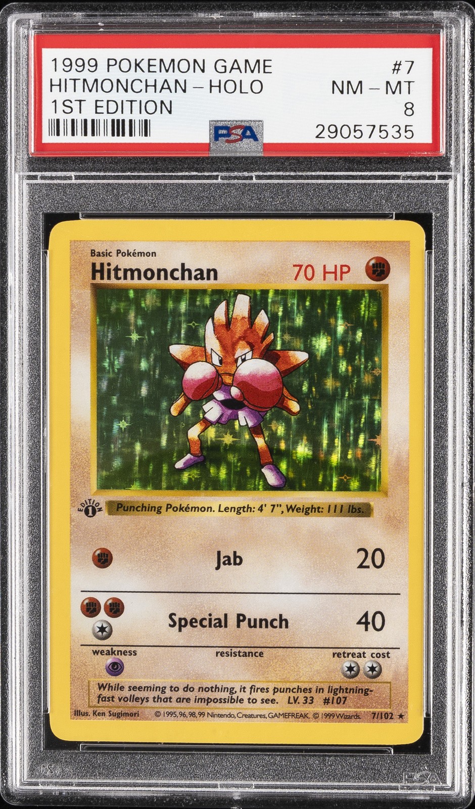 1999 POKEMON GAME 1ST EDITION #7 HITMONCHAN-HOLO PSA 8