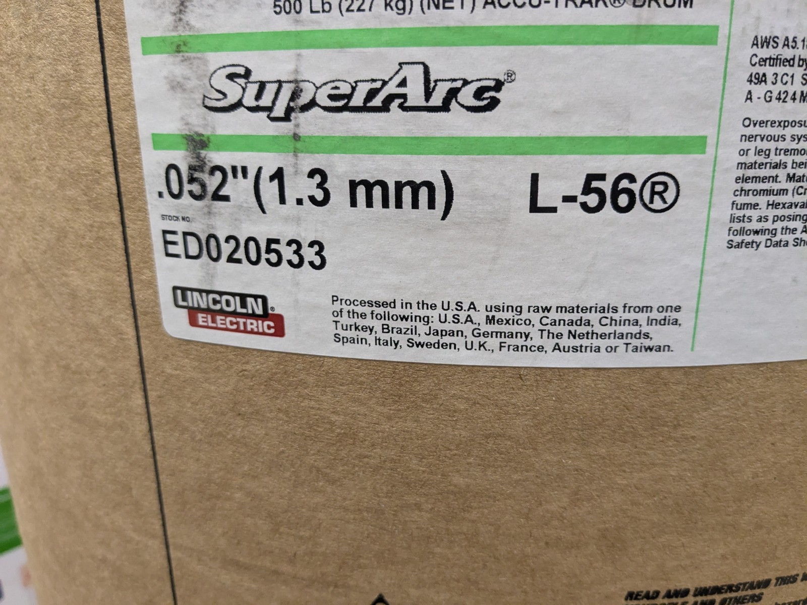 Lincoln Electric Weld Wire - L-56 Superarc .052 500lb Accu-Trak Drum (ED020533)