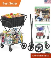 Collapsible Grocery Cart on Wheels - 2-Tier Design, Easy Assembly, 420lbs Load