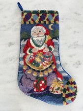 Santa Claus Bag of Toys Punch Needle Christmas Stocking Wool Blue Velvet Backing