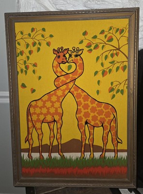 MCM Vintage Wesco Reltex Panel Time Giraffe Framed Barkcloth 1970