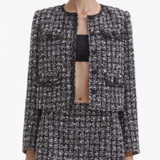 Self-portrait Black Embellished Check Cropped Bouclé Tweed Jacket Uk14 Us 10