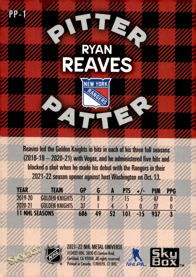 Ryan Reaves - 2021-22 Skybox Metal Pitter Patter /99 Card #PP-1 - Image 2 of 2