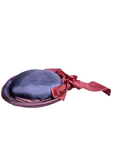 Vintage Womens Hat Navy with Long Maroon Ribbon - Picture 3 of 5