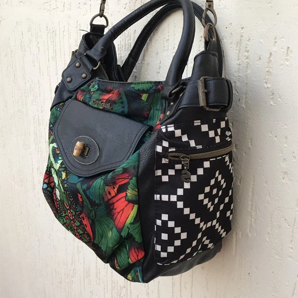 Auténtico bolso de hombro de cuero de lona floral Desigual para mujer Foto 4 de 4
