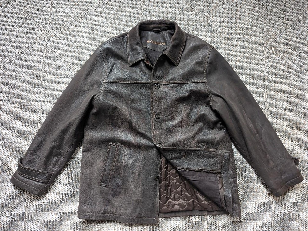 vintage 1990s y2k COLUMBIA distressed PATINA leather coat XL brown