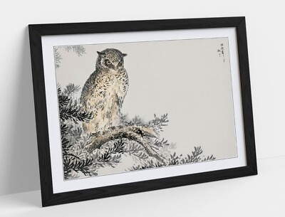 NUMATA KASHU, JAPANISCHE SCHAUFELN EULE UND TANNE - GERAHMTES KUNSTBILD PAPIERDRUCK