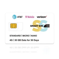 SMARTSIM 4G LTE Prepaid SIM Card for AT&T T-Mobile Verizon 30GB DATA FOR 30Days