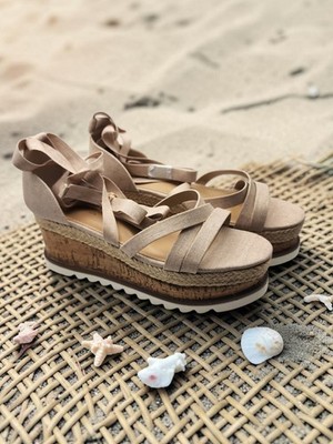 Shoedazzle ''Tandice'' Beige Women's Lace Up Wedge Sandal US 8 UK 6 EU 38.5 NIB