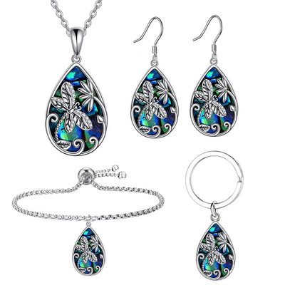 Dragonfly Teardrop Shaped Earrings Necklace Bracelet & Keychain Jewelry Set