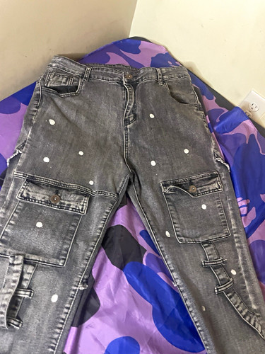 Men's Gray Denim Straight Cargo Jeans, Cotton Blend, Button Zip Pockets