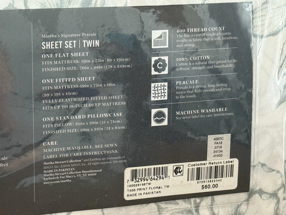 Juego de sábanas dobles florales verdes percal algodón 400 TC colección Martha Stewart NUEVO Foto 4 de 4