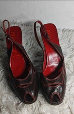 Vintage Miu Miu Brown Leather Peep Toe Slingback Heels Red Stitching EU 37.5
