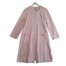 Vintage Robe Womens M Pink Fleece Zip Front Lace Trim Housecoat Lounge Granny