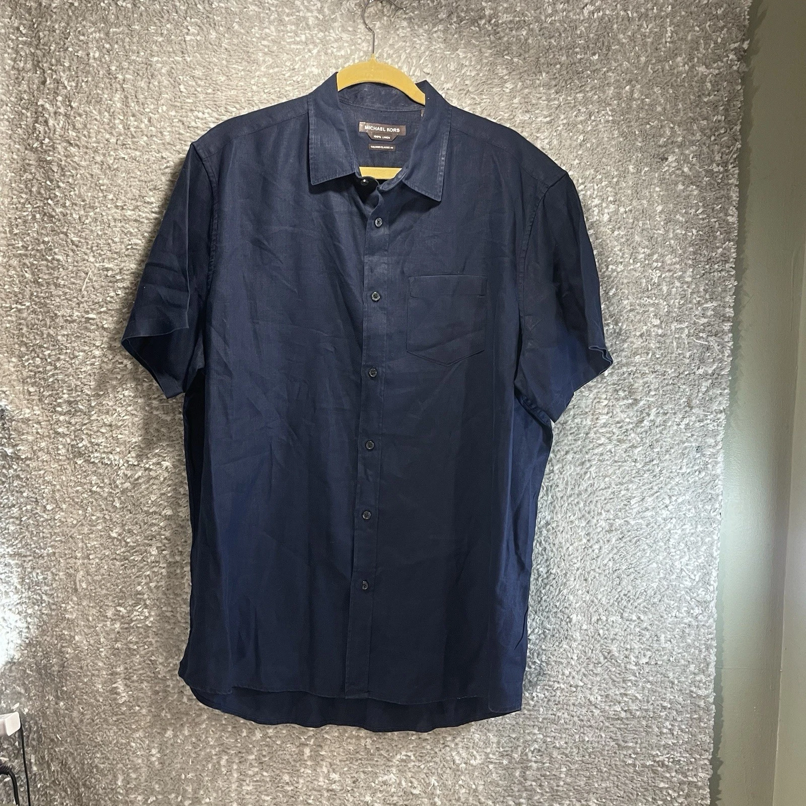 Michael Kors Short Sleeve Button Shirt Navy Linen Tailored Classic Fit Navy XL
