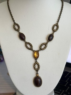 Vintage Avon SAQ Gold Tone Y Necklace Amber Brown Acrylic Cabochons Estate 16''
