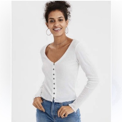 American Eagle Outfitters Cream Ribbed Button-Up Top