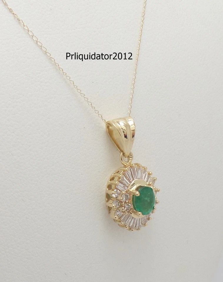 Vintage 1CT Natural Emerald & Diamond Pendant Choker Necklace 14K Yellow Gold - Image 2 of 4