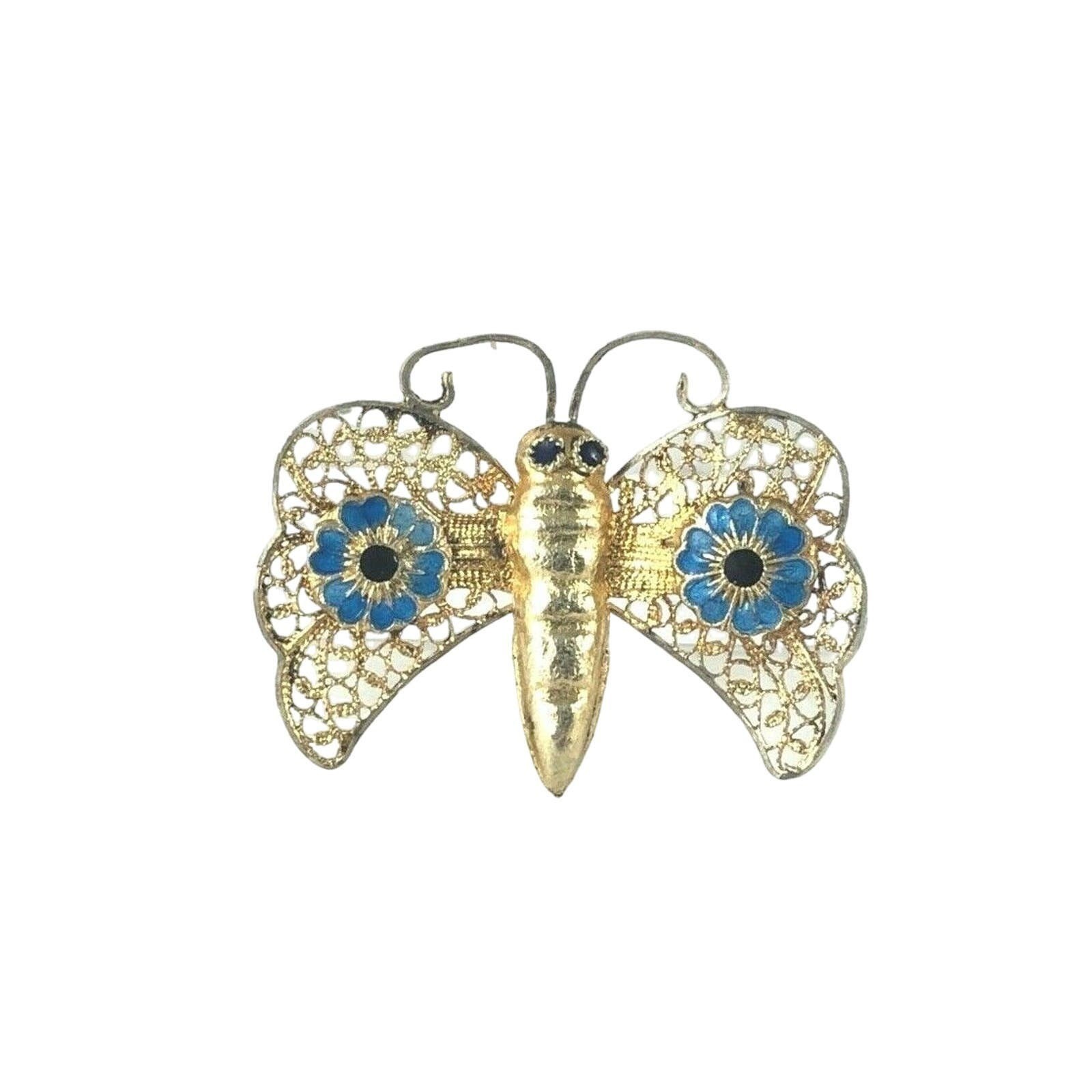 Filigree Butterfly Chinese Vintage Sterling Silver 925 Enamel Gilt Pin Estate