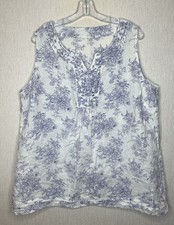M&S top Vest Blouse Sz 20 blue White floral 100% Linen sleeveless embroidered