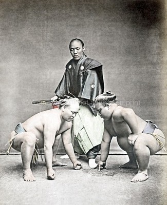 Japan Sumo Wrestlers Referee Traditional Match Sport Kimono Vtg. Photo 19thC.