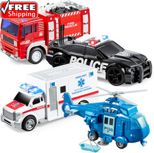 4 Packs Emergency Vehicle Toy Playsets, Friction Powered Vehicles with Light and